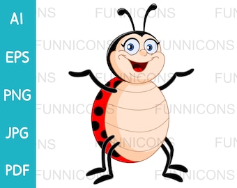 Clipart Cartoon eines glücklichen Marienkäfers, Marienkäfer, Marienkäfer, Tier illustration, ai eps png jpg pdf Dateien, digitale Dateien herunterladen.