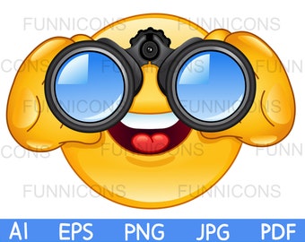 Clipart cartoon of happy  emoticon looking through binoculars searching, ai eps png jpg and pdf files included, digital files download.