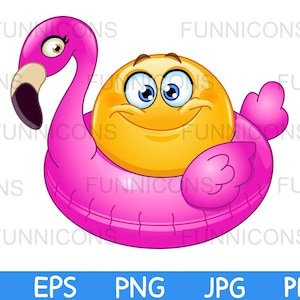 Clipart przedstawiający wesołą emotikonkę siedzącą na nadmuchiwanym różowym pierścieniu w kształcie flaminga, dołączone pliki ai eps png jpg pdf, możliwość pobrania plików cyfrowych.