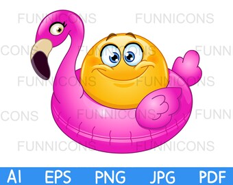 Clipart cartoon of a happy emoticon sitting in an inflatable pink flamingo ring, ai eps png jpg pdf files included, digital files download.