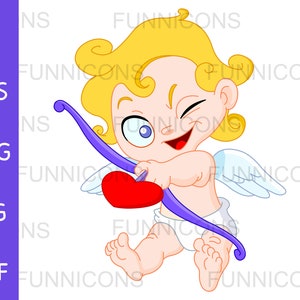 ウィンクするキューピッドがハートの愛の矢を射るバレンタインデーのクリップアート漫画、ai、eps、png、jpg、pdf ファイルが含まれ、デジタル ファイルをダウンロードできます。