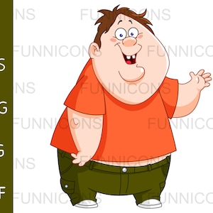 Dibujos animados de imágenes prediseñadas de un niño gordito feliz niño adolescente saludando, ai eps png jpg y archivos pdf incluidos, archivos digitales descarga instantánea.