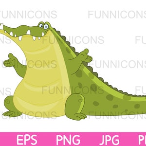 Clipart cartoon of a happy crocodile alligator presenting, ai eps png jpg and pdf files included, digital files instant download.