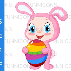 Clipart Ostern Cartoon eines süßen Babys im Hasenanzug, der ein Osterei hält, ai eps png jpg und pdf Dateien enthalten, digitale Dateien herunterladen.