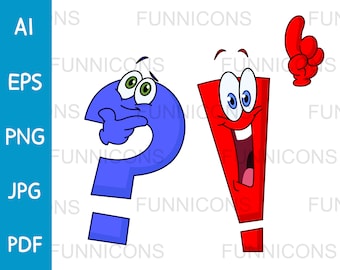 Dessin animé clipart de caractères de point d’interrogation et de point d’exclamation, fichiers jpg et pdf ai eps png inclus, téléchargement instantané de fichiers numériques.