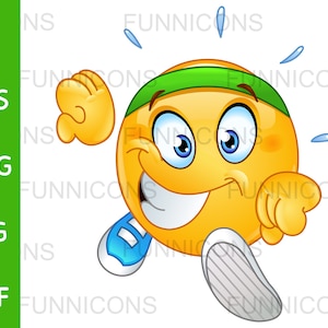 Clipart przedstawiający radosną emotikonkę biegnącą i pocącą się, dołączone pliki ai eps png jpg i pdf, możliwość natychmiastowego pobrania plików cyfrowych.