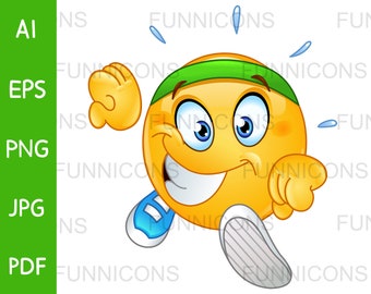 Clipart cartoon of a happy  emoticon running and sweating, ai eps png jpg and pdf files included, digital files instant download.