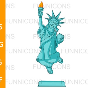 Dessin animé clipart Independence Day, statue de la liberté sautant, 4ème illustration en Juillet, ai eps png jpg et fichiers pdf, téléchargement de fichiers numériques.