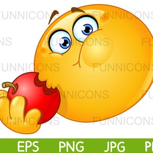 Clipart-Cartoon eines hungrigen Emoticon, der einen Apfel isst, ai eps png jpg und pdf-Dateien enthalten, digitale Dateien sofortiger Download.