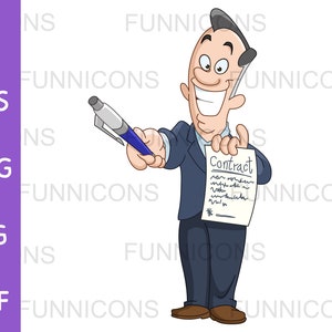 Clipart cartoon of businessman or lawyer holding contract, handing over pen for signature, ai eps png jpg pdf files, digital files download.