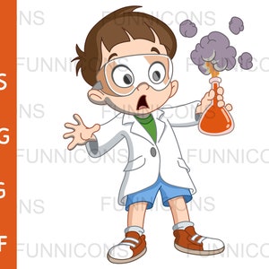 爆発するフラスコを持っている科学者の少年のクリップアート漫画、科学実験、ai eps png jpg および pdf ファイル、デジタル ファイルのダウンロード。
