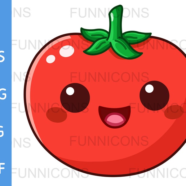 Clipart cartoon of a happy cute tomato character in a kawaii style, ai eps png jpg and pdf files included, digital files instant download.