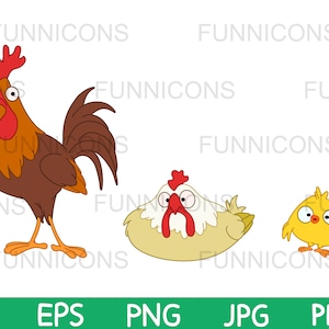 Dibujos animados prediseñados de una familia de aves de pollo, gallo, pollo y pollito, ilustración de animales, ai eps png jpg archivos pdf, descarga de archivos digitales.
