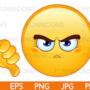 Dibujos animados de imágenes prediseñadas de emoticono que muestra el gesto de desagrado con el pulgar hacia abajo, archivos ai eps png jpg y pdf incluidos, descarga instantánea de archivos digitales.