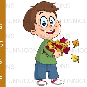 Clipart Cartoon eines glücklichen Jungen, der Herbstblätter trägt, ai eps png jpg und pdf Dateien enthalten, digitale Dateien sofort herunterladen.