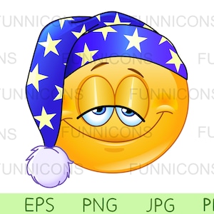 Clipart cartoon of a sleepy emoticon wearing a nightcap, good night,  ai eps png jpg and pdf files included, digital files instant download.