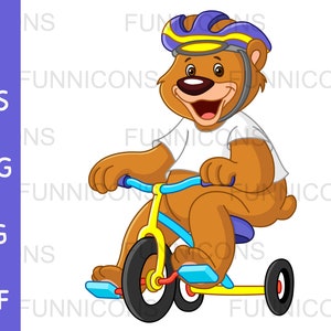 Clipart Cartoon eines glücklichen Bären mit Helm reiten auf einem Dreirad, Tier Illustration, ai eps png jpg und pdf Dateien, digitale Dateien herunterladen.