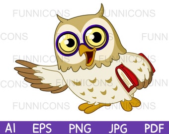 Clipart Cartoon einer Schule Eule mit Brille, die ein Buch trägt, Tier Illustration, ai eps png jpg pdf Dateien enthalten, digitale Dateien herunterladen