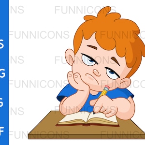 Regreso a la escuela Caricatura clipart de un niño de escuela aburrido sentado en el escritorio escribiendo en cuaderno, ai eps png jpg archivos pdf, descarga de archivos digitales.