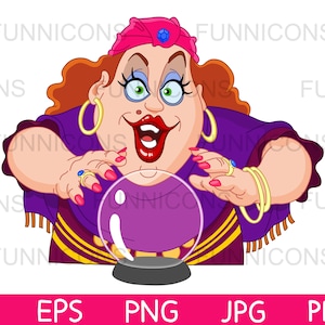 Dibujos animados de imágenes prediseñadas de una mujer adivino gitana que se cierne sobre una bola de cristal, ai eps png jpg y archivos pdf incluidos, descarga de archivos digitales.