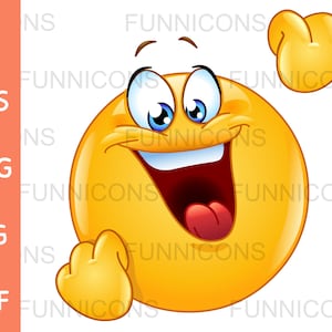 Dessin animé clipart d'une émoticône heureuse montrant le geste de célébration, fichiers ai eps png jpg et pdf inclus, téléchargement instantané de fichiers numériques.