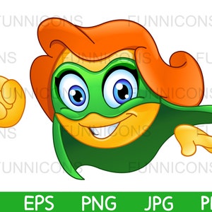 Clipart desenho animado de super-heroína feliz, super mulher, emoticon de herói de super-herói voando, ai eps png jpg arquivos pdf, download de arquivos digitais.