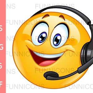 Dibujos animados de imágenes prediseñadas, emoticono de atención al cliente con auriculares, centro de llamadas, archivos ai eps png jpg y pdf incluidos, descarga de archivos digitales.