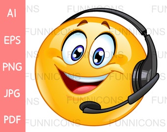 Clipart cartoon, customer support emoticon with headset, call center, ai eps png jpg and pdf files included, digital files download.