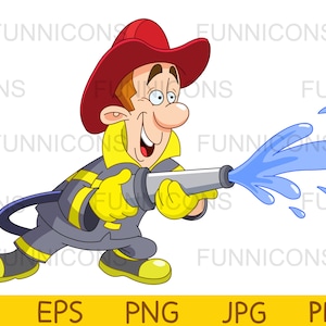 Desenho animado clipart de um bombeiro feliz usando uma mangueira de incêndio, arquivos ai eps png jpg e pdf incluídos, download instantâneo de arquivos digitais.