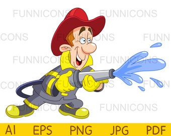 Clipart cartoon of a happy fireman firefighter using a fire hose, ai eps png jpg and pdf files included, digital files instant download.
