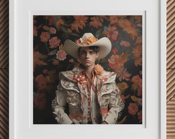 Andrés - Gay Vaquero Art Print - Handsome Hispanic Queer Cowboy Decor, Homosexual Dandy Outlaw LGBTQ+ Wall Art