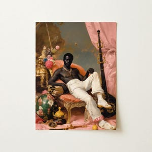 May include: A fine art print depicting a dark-skinned individual reclining on a pink upholstered chair. The subject wears white trousers and a gold chain. Beside them stands a tall, dark musical instrument, with floral decor and a pink curtain.