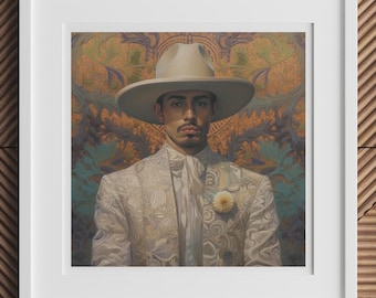 Estephan - Gay Vaquero Latino Homosexual Cowboy Art Print, 1930s Vintage Inspired LGBTQ+ Cowboy Decor Gift Ideas for Queer Rodeo Lovers