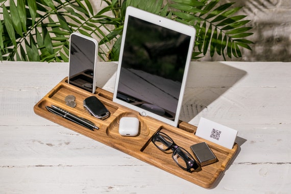 Wood Desktop Organizer Smartphone Tablet Pen Holder Stationery