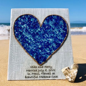 Sea Glass Heart Wedding Anniversary Engagement Gift Unique Custom New Couple Maui Hawaii Art Beach House Home Decor Mr & Mrs Personalized