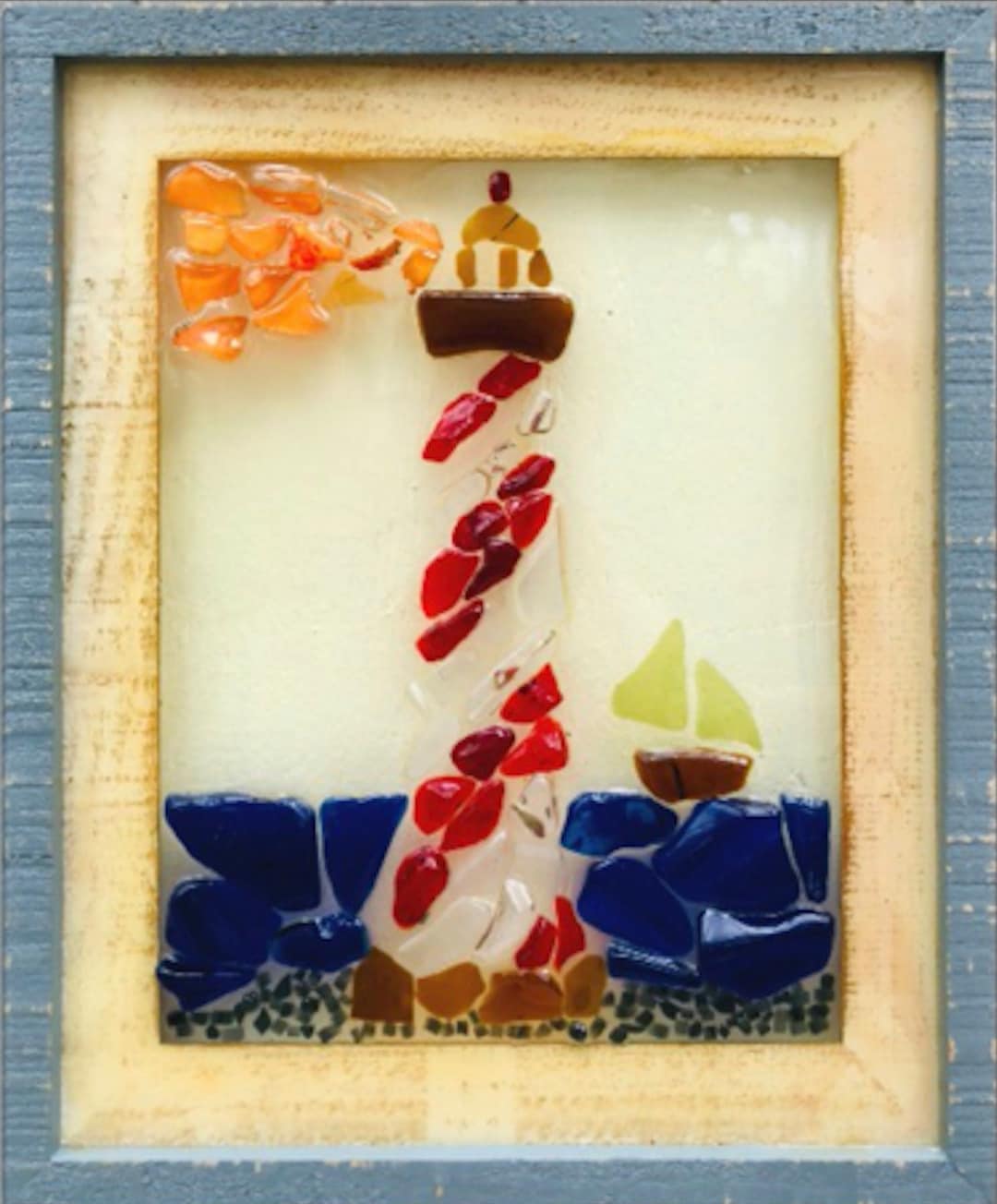 Sea Glass Lighthouse Art Sailboat Beach House Home Decor Ocean Nautical ...