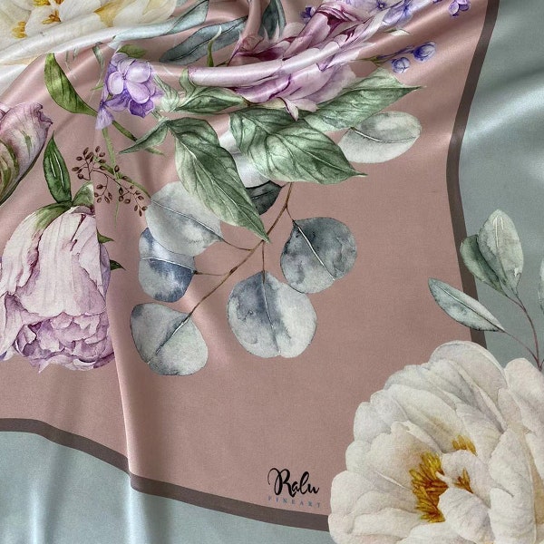 NEW Exquisite Floral Pattern Silk Scarf, Pastel Colors, gifts for her, gift, 100% natural silk