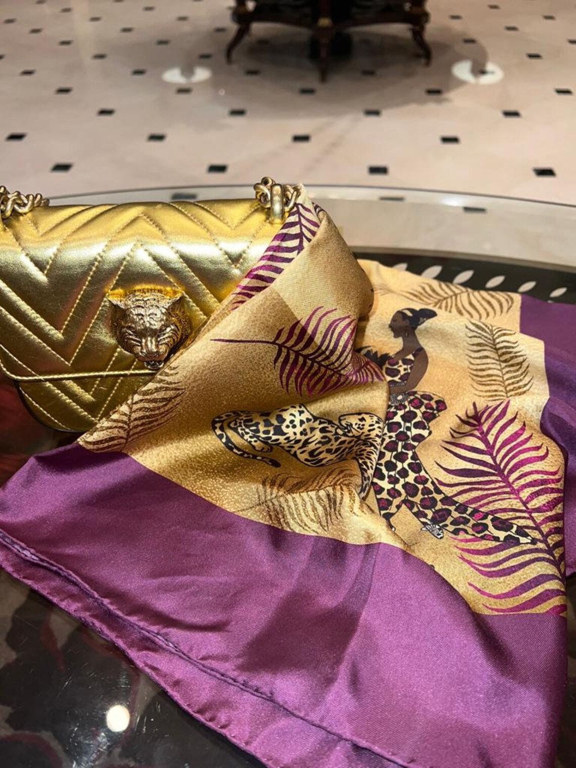 Glamorous Silk Twill Scarf in Purple and Gold That Portrays a Leopard ...