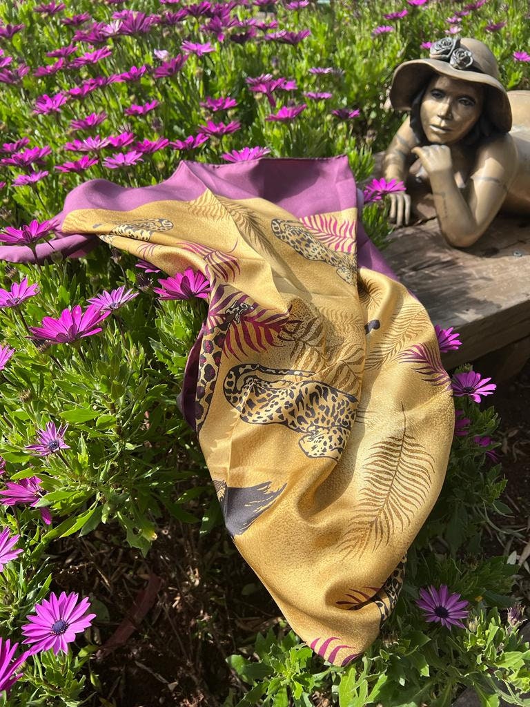 Glamorous Silk Twill Scarf in Purple and Gold That Portrays a Leopard ...