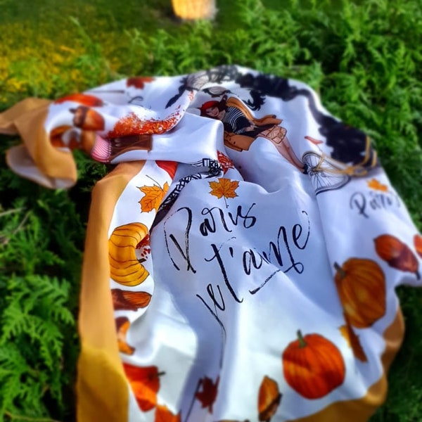 Amazing Autumn Pattern Silk Twill Scarf representing Paris in Fall