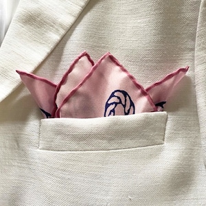 NEW Luxury Silk Twill Pocket Square for Men in pink and blue colors with nautical pattern