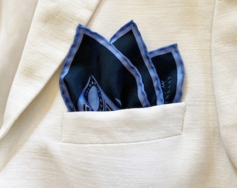 NEW Luxury Silk Twill Pocket Square for Men in different nuances of blue with asymmetric pattern