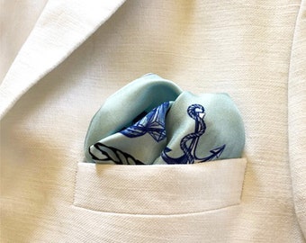 Luxury Silk Twill Pocket Square: Nautical Anchor Print, Handmade in Italy