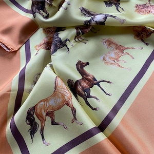 Exquisite Horse Print Silk Twill Scarf in orange and yellow tones for all season&#39;s usage