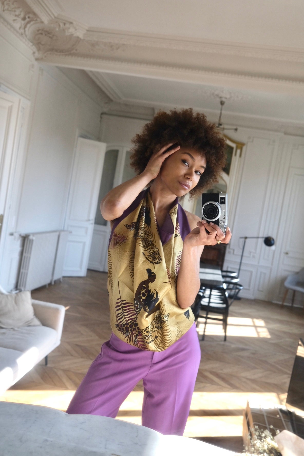 Glamorous Silk Twill Scarf in Purple and Gold That Portrays a Leopard ...