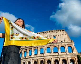 French Provence Luxury Silk Twill Scarf displaying joyful summer moments with sunflowers, golden-yellow and green colors