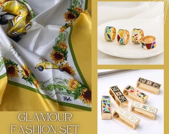 French Provence Set One Luxury Silk Twill Scarf with sunflowers with golden-yellow and green colors plus One Scarf Ring Accessory