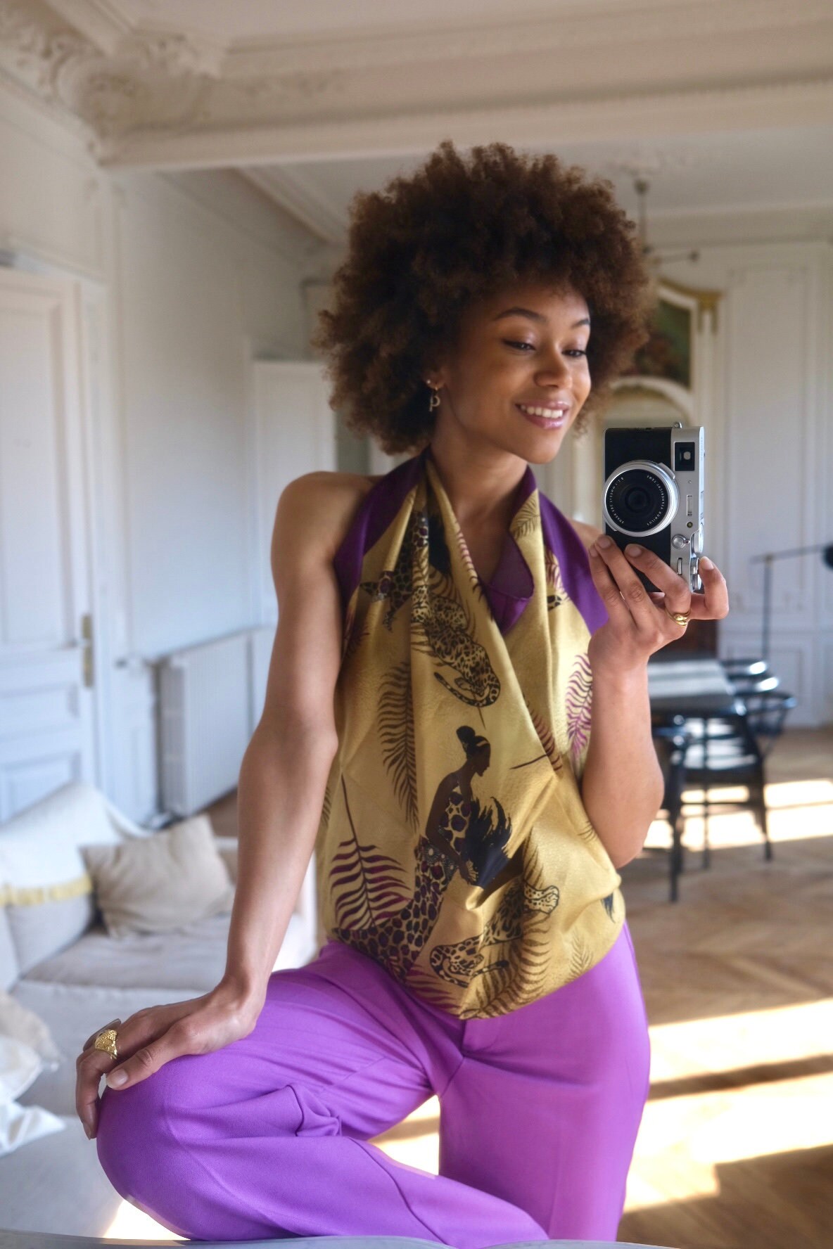 Glamorous Silk Twill Scarf in Purple and Gold That Portrays a Leopard ...