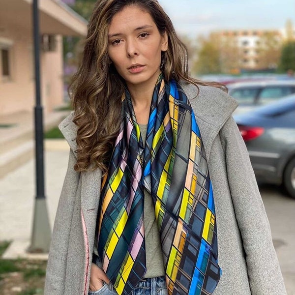 Stunning silk twill scarf for women with Urban multicolored patterns