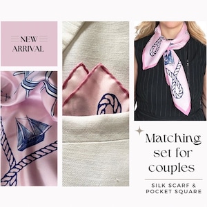NEW Matching Couples Set for him and her silk neckerchief and pocket square with a superb nautical design